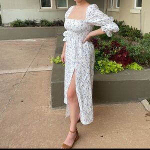 Floral White Dress with Blue Accents